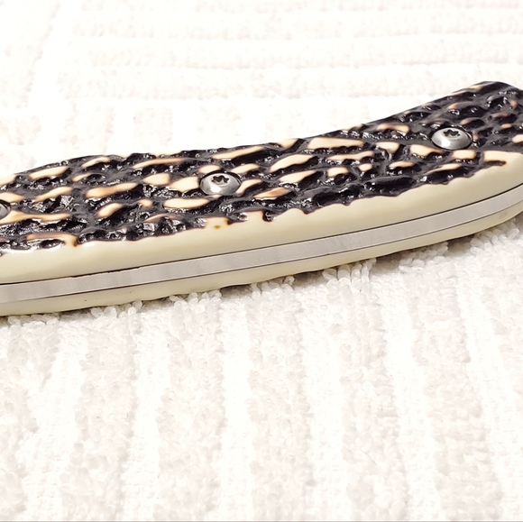 Ozark Trail One Stainless Steel Blade Knife Black White Bone Handle Metal Case - Picture 6 of 10